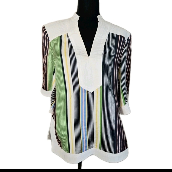 Tory Burch Womens Field Day Stripe Silk Tunic Multicolor Designer Blouse 10 - Picture 2 of 16